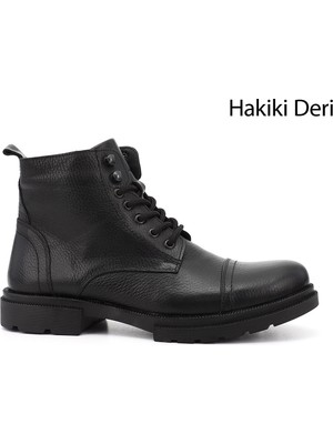 GÖNDERİ Erkek Siyah  Fermuarlı Hakiki Deri Postal Bot