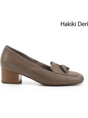 GÖNDERİ Kadın Vizon Antik  Küt Burun Kısa Kalın Topuklu Hakiki Deri Ayakkabı