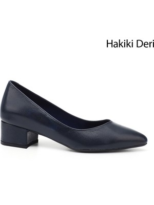 GÖNDERİ Kadın Lacivert  Kısa Kalın Topuklu Hakiki Deri Ayakkabı
