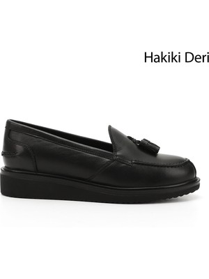 GÖNDERİ Kadın Siyah  Dolgu Taban Hakiki Deri Loafer Ayakkabı