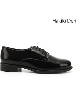 GÖNDERİ Kadın Siyah Rugan  Bağcıklı Hakiki Deri Oxford Ayakkabı
