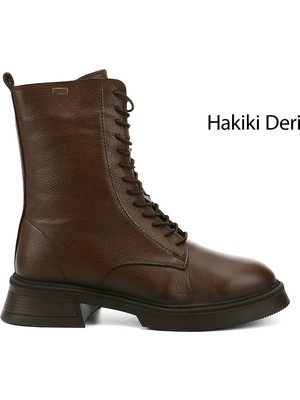 Gönderi(r) Kadın Kahve Floter Fermuarlı Kalın Taban Hakiki Deri Postal Bot