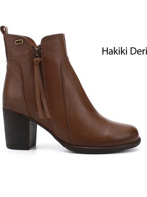 GÖNDERİ Kadın Taba  Fermuarlı Kalın Topuklu Hakiki Deri Bot