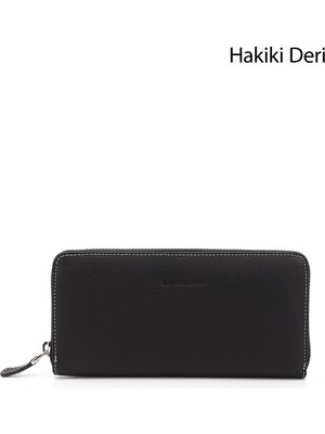 GÖNDERİ Kadın Siyah Deri  Yatay Hakiki Deri Cüzdan