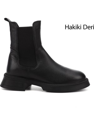 GÖNDERİ Kadın Siyah Floter  Kalın Taban Hakiki Deri Chelsea Bot