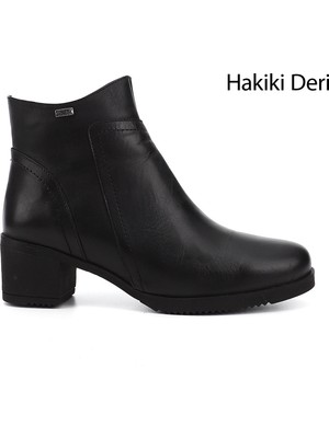 GÖNDERİ Kadın Siyah  Fermuarlı Kalın Topuklu Hakiki Deri Bot