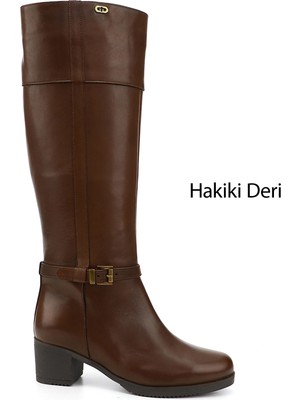 GÖNDERİ Kadın Kahve Antik  Fermuarlı Kalın Topuklu Hakiki Deri Çizme