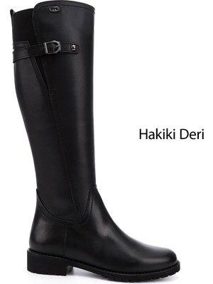 GÖNDERİ Kadın Siyah  Fermuarlı Kauçuk Taban Hakiki Deri Çizme