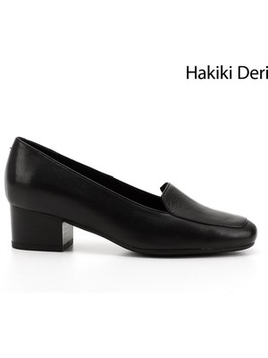 GÖNDERİ Kadın Siyah  Küt Burun Kısa Kalın Topuklu Hakiki Deri Ayakkabı