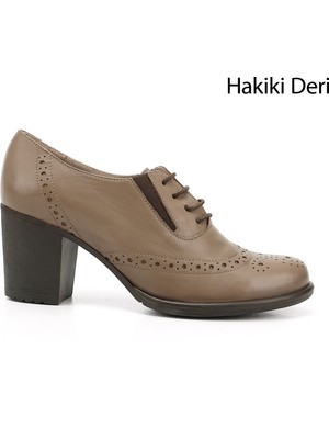 GÖNDERİ Kadın Vizon Antik  Bağcıklı Orta Kalın Topuklu Hakiki Deri Oxford Ayakkabı
