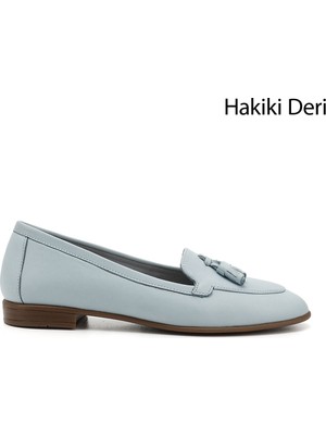 GÖNDERİ Kadın Antik Mavi  Püsküllü Hakiki Deri Babet