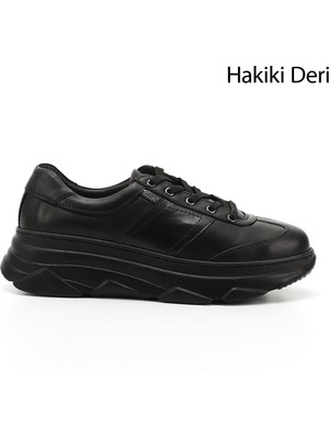 GÖNDERİ Kadın Siyah  Dolgu Taban Bağcıklı Hakiki Deri Sneaker