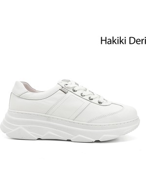 GÖNDERİ Kadın Beyaz  Dolgu Taban Bağcıklı Hakiki Deri Sneaker
