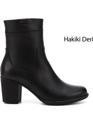 GÖNDERİ Kadın Siyah Floter  Fermuarlı Kalın Topuklu Hakiki Deri Bot