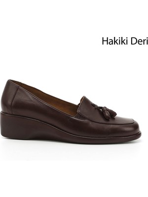 GÖNDERİ Kadın Kahve Antik  Dolgu Taban Püsküllü Hakiki Deri Ayakkabı