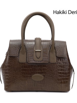 Gönderi® Kadın Koyu Vizon Kroko Hakiki Deri El ve Omuz Çantası