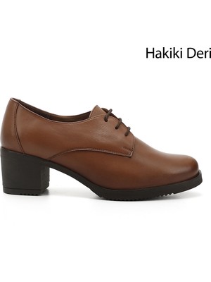 Gönderi® Kadın Taba Antik Bağcıklı Orta Kalın Topuklu Hakiki Deri Oxford Ayakkabı