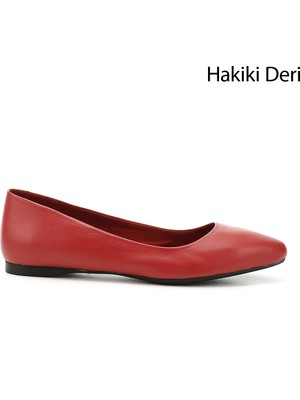 GÖNDERİ Kadın Antik Kırmızı  Sivri Burun Düz Taban Hakiki Deri Babet