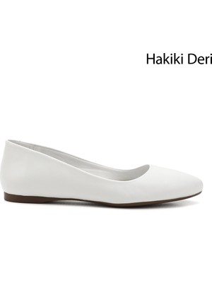 GÖNDERİ Kadın Beyaz  Sivri Burun Düz Taban Hakiki Deri Babet