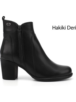 GÖNDERİ Kadın Siyah  Fermuarlı Kalın Topuklu Hakiki Deri Bot