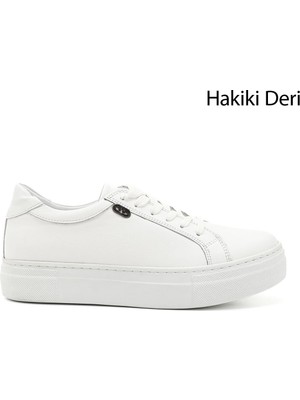 GÖNDERİ Kadın Beyaz  Bağcıklı Dolgu Taban Hakiki Deri Sneaker