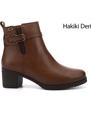 GÖNDERİ Kadın Taba  Fermuarlı Kalın Topuklu Hakiki Deri Bot