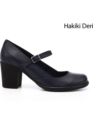 GÖNDERİ Kadın Lacivert  Kalın Topuklu Mary Jane Hakiki Deri Ayakkabı