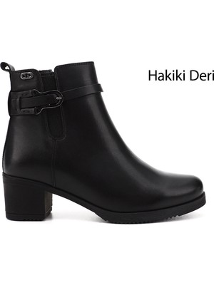 GÖNDERİ Kadın Siyah  Fermuarlı Kalın Topuklu Hakiki Deri Bot