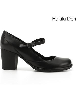 GÖNDERİ Kadın Siyah  Kalın Topuklu Mary Jane Hakiki Deri Ayakkabı