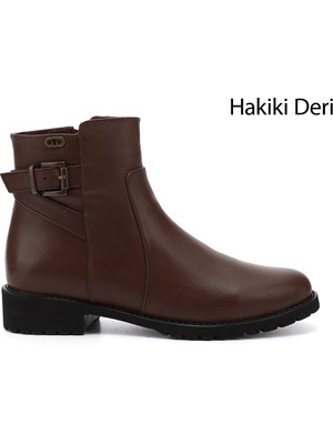 GÖNDERİ Kadın Kahve Antik Fermuarlı Kauçuk Taban Hakiki Deri Bot