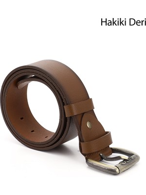 GÖNDERİ Erkek Taba Antik  Hakiki Deri 4,5 Cm Kot Kemeri