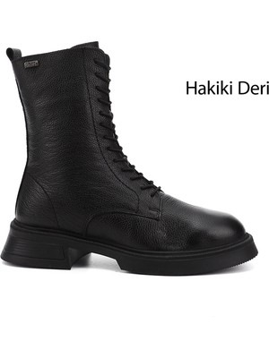 Gönderi(r) Kadın Siyah Floter Fermuarlı Kalın Taban Hakiki Deri Postal Bot