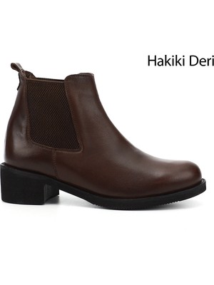 GÖNDERİ Kadın Kahve Antik  Kalın Topuklu Hakiki Deri Chelsea Bot