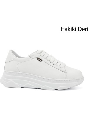 GÖNDERİ Kadın Beyaz  Bağcıklı Dolgu Taban Hakiki Deri Sneaker