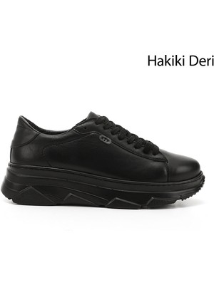 GÖNDERİ Kadın Siyah  Bağcıklı Dolgu Taban Hakiki Deri Sneaker