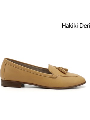 GÖNDERİ Kadın Hardal  Püsküllü Hakiki Deri Babet