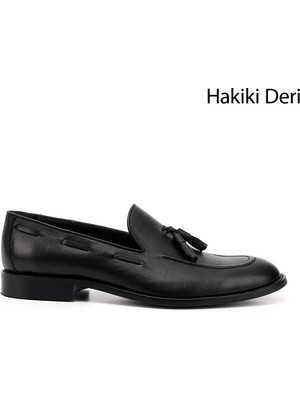 GÖNDERİ Erkek Siyah  Püsküllü Hakiki Deri Ayakkabı