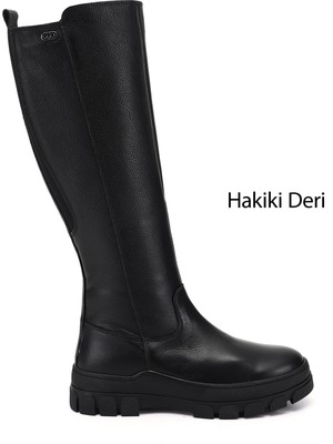 GÖNDERİ Kadın Siyah Floter  Fermuarlı Kauçuk Taban Hakiki Deri Çizme