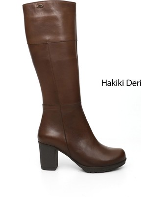 GÖNDERİ Kadın Kahverengi  Fermuarlı Kalın Topuklu Hakiki Deri Çizme