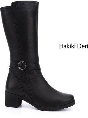 Gönderi(r) Kadın Siyah Fermuarlı Kalın Topuklu Hakiki Deri Çizme