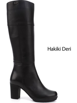 GÖNDERİ Kadın Siyah  Fermuarlı Kalın Topuklu Hakiki Deri Çizme
