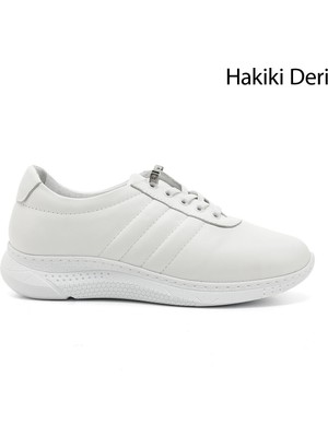 Kadın Beyaz Bağcıklı Dolgu Taban Hakiki Deri Sneaker