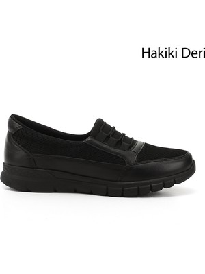 GÖNDERİ Kadın Siyah  Dolgu Taban Hakiki Deri Comfort  Ayakkabı
