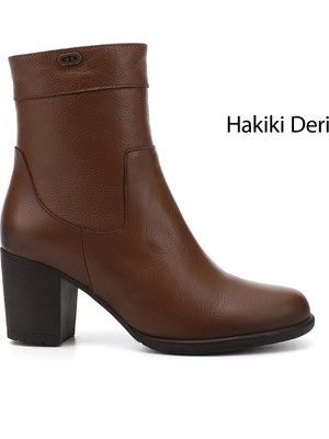GÖNDERİ Kadın Taba  Fermuarlı Kalın Topuklu Hakiki Deri Bot