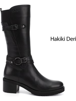 Gönderi® Kadın Siyah Fermuarlı Kalın Topuklu Hakiki Deri Çizme