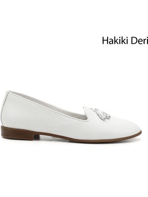 GÖNDERİ Kadın Beyaz  Hakiki Deri Püsküllü Babet