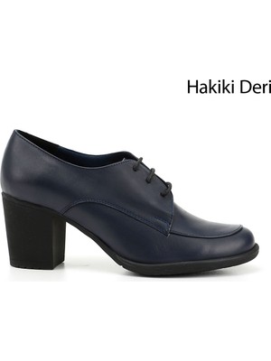 GÖNDERİ Kadın Lacivert  Bağcıklı Orta Kalın Topuklu Hakiki Deri Oxford Ayakkabı