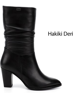 GÖNDERİ Kadın Siyah  Sivri Burun Körüklü Kalın Topuklu Hakiki Deri Çizme