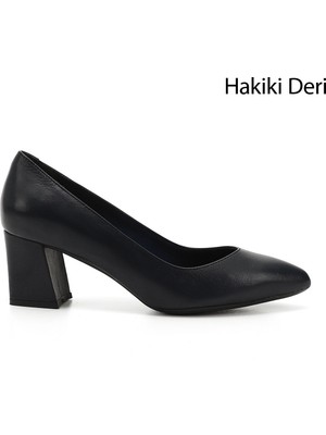 Gönderi(r) Kadın Lacivert Antik Sivri Burun Orta Kalın Topuklu Hakiki Deri Ayakkabı