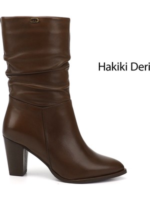 Gönderi® Kadın Kahve Antik Sivri Burun Körüklü Kalın Topuklu Hakiki Deri Çizme